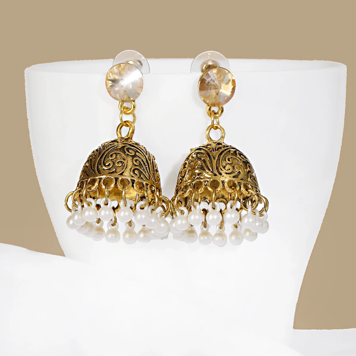 Ethnic Gold Color Carved Bell Pendant Earrings for Women Luxury Yellow Crystal Pearl Tassel Dangling Earrings Indian Jewelry