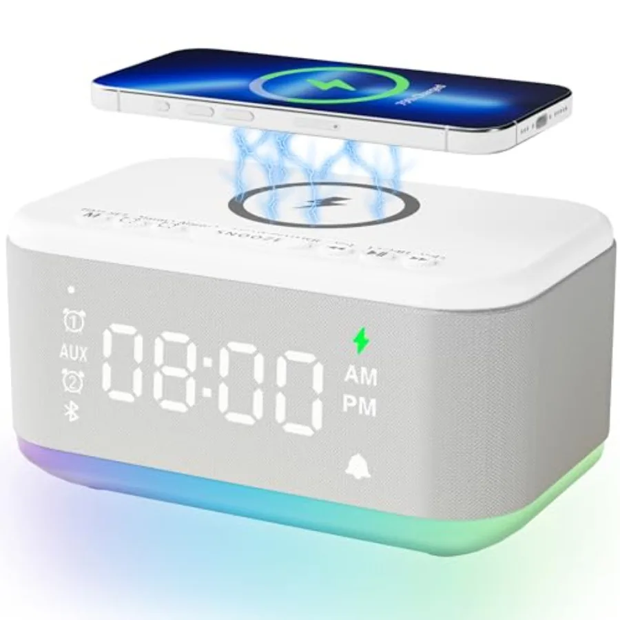 

Будильник-колонка с беспроводной зарядкой, цифровой Bluetooth-будильник для спальни с регулируемой подсветкой, двойной будильник с функцией повтора