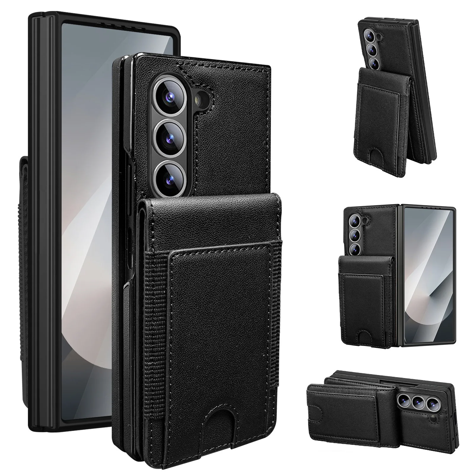 Leather Card Holder Phone Case For Samsung Galaxy Z Fold 4 5 6 7 With Screen Protector Foldable Kickstand Drop protection Cover
