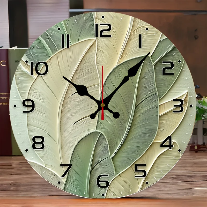 1pc Modern Vintage Abstract Leaves Backdrop Clock - 25.4cm Wood Veneer Round Silent Flat Wall Clock - Batteries Not Included - Ideal for Living Room, Bedroom, Kitchen - Aesthetic Home and Office, Outdoor Party Art, Holiday Gift, Festive Room