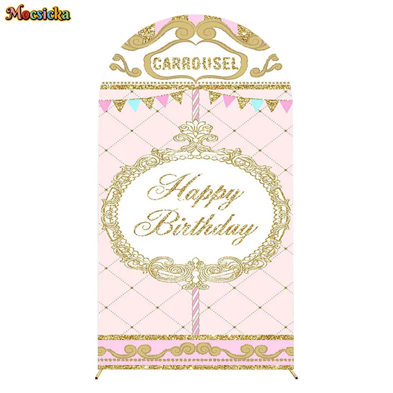 Pink Carousel Princess Birthday Party Arch Backdrops Double-Sided Fitted Top Covers Decor Girl Baby Shower Background Photocall