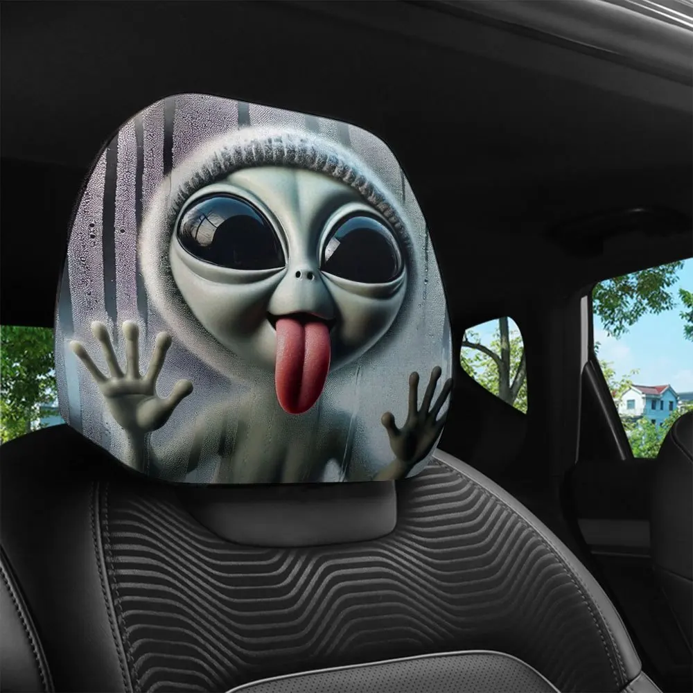 【Funny Alien】Tongue-Out Print Car Headrest Cover, All-Season Use & Washable, Seat Headrest Cover