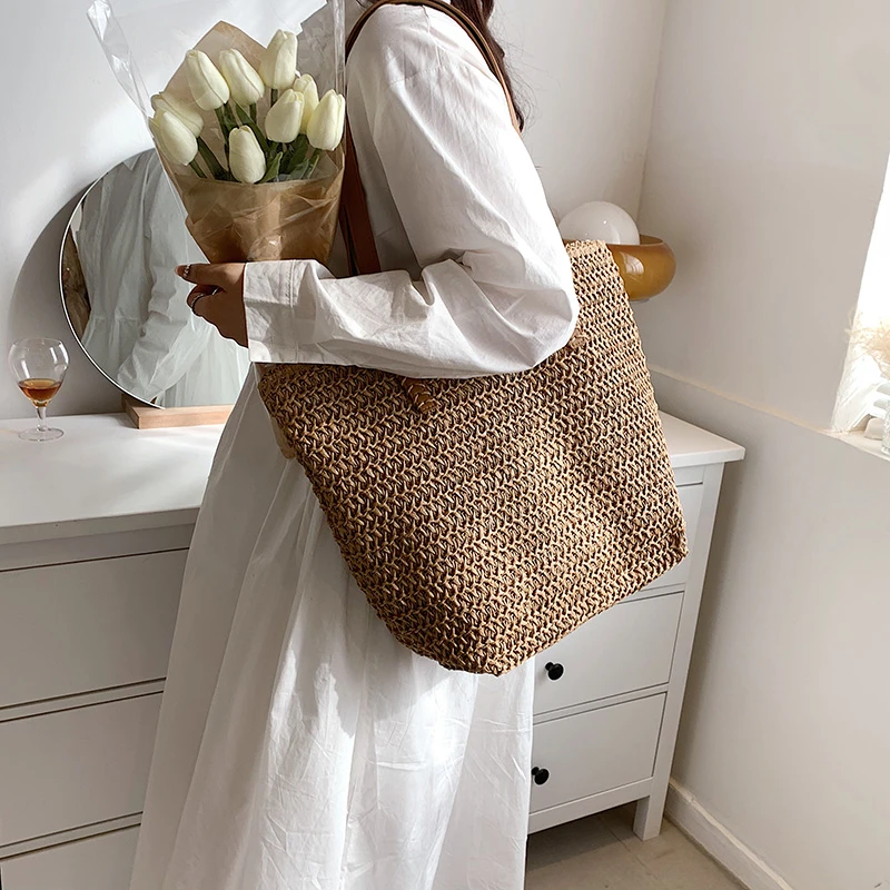 Hand-woven Women\'s Shoulder Handbag Bohemian 2024 Summer Fashion Straw Beach Tote Bag Travel Shopper Weaving Shopping Bags