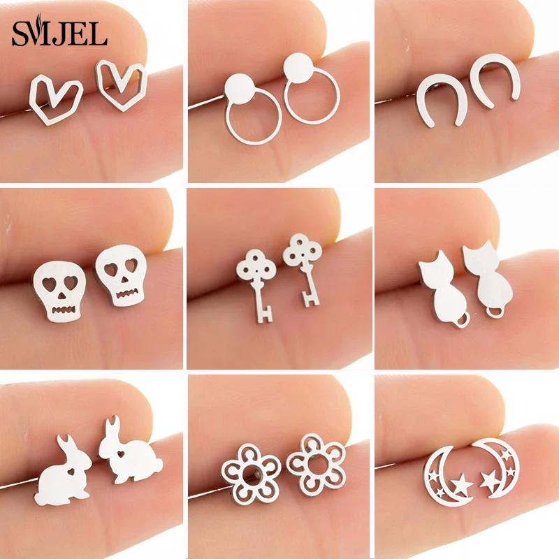 SMJEL Tiny Stainless Steel Earrings for Women Girls Geometric U Horse Skull Ghost Face Heart Earrings Korean Daisy Flower Studs