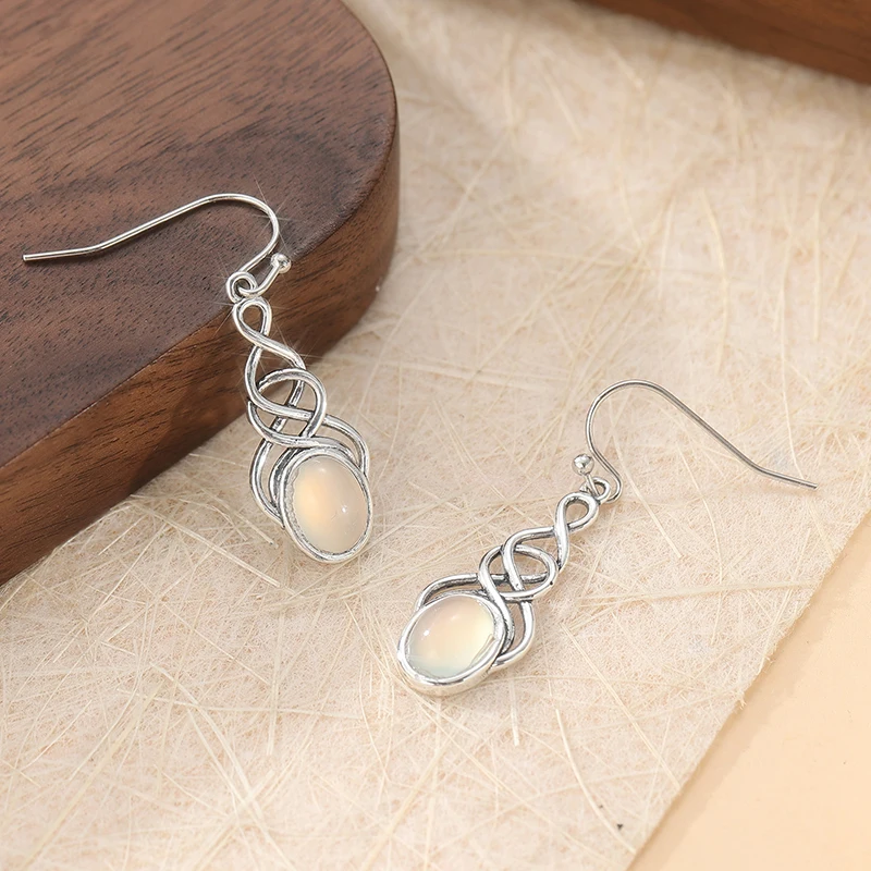 Vintage Silver Color Imitation Moonstone Dangle Women's Earrings Metal Hand Carving Party Daily Wear