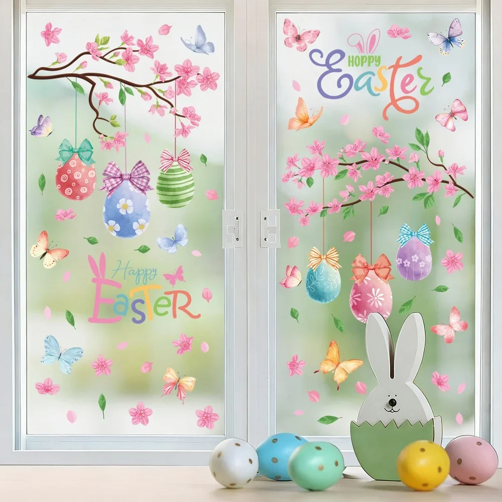 Easter Window Clings With Bunny Egg Flower Butterfly Pattern Double Sided Static Sticker For Smooth Surfaces 2 Pieces 33x70cm