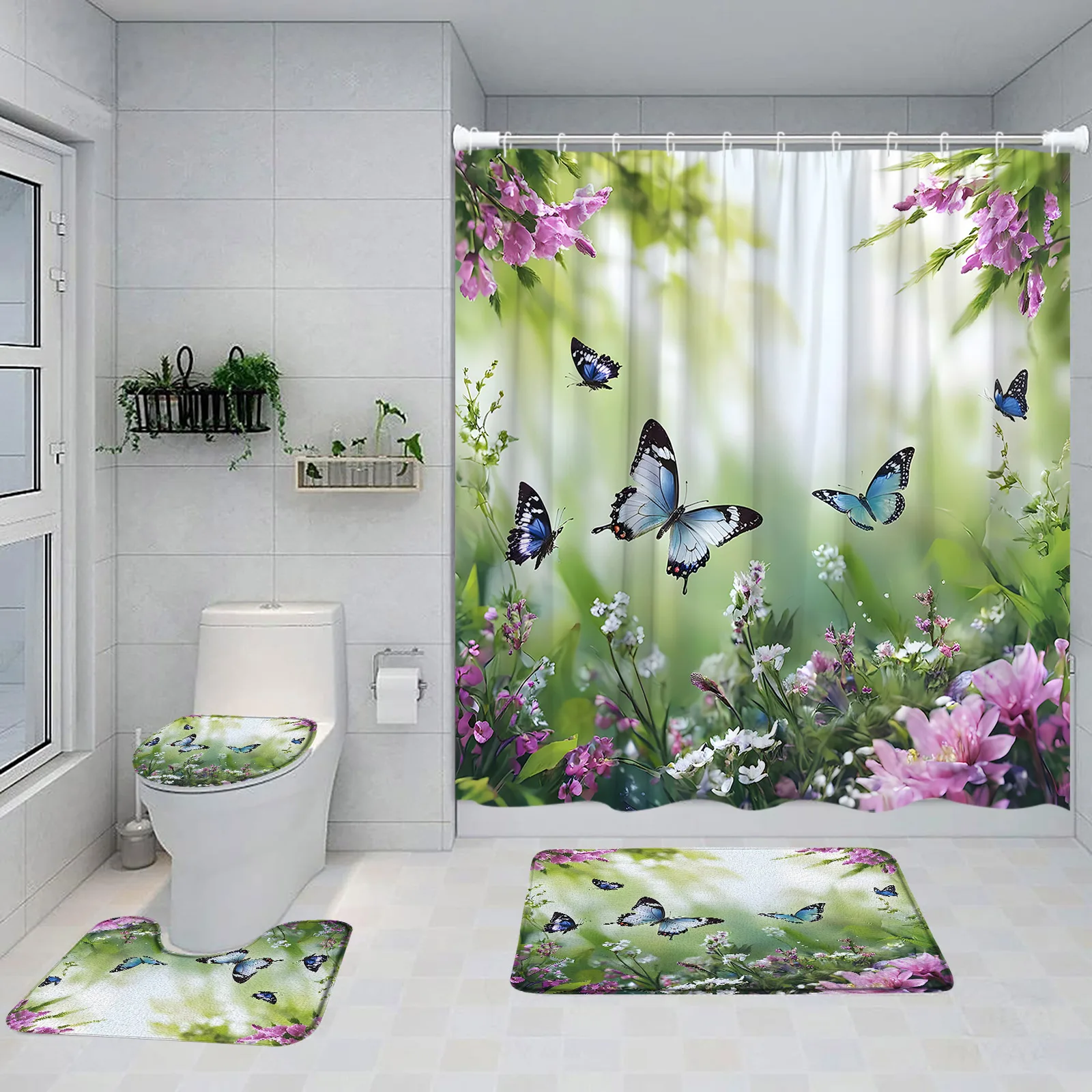 Colorful Butterflies Floral Shower Curtain Set Flowers Plants Blooming Blossom Bathroom Decorations Bathtub Rug Toilet Lid Cover