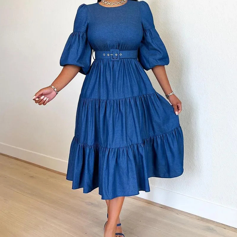 

2024 New Fashion Vintage Women Denim Dress Sping Autumn Half Sleeve Patchwork Ruffles With Belt Big Hem Midi Dress