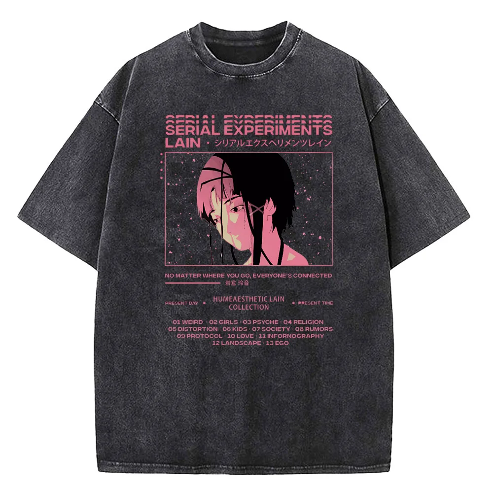 japanese anime Serial Experiments Lain Vintage Washed T Shirt Men High Quality Cotton Manga Short Sleeve Fashion T Shirt Women