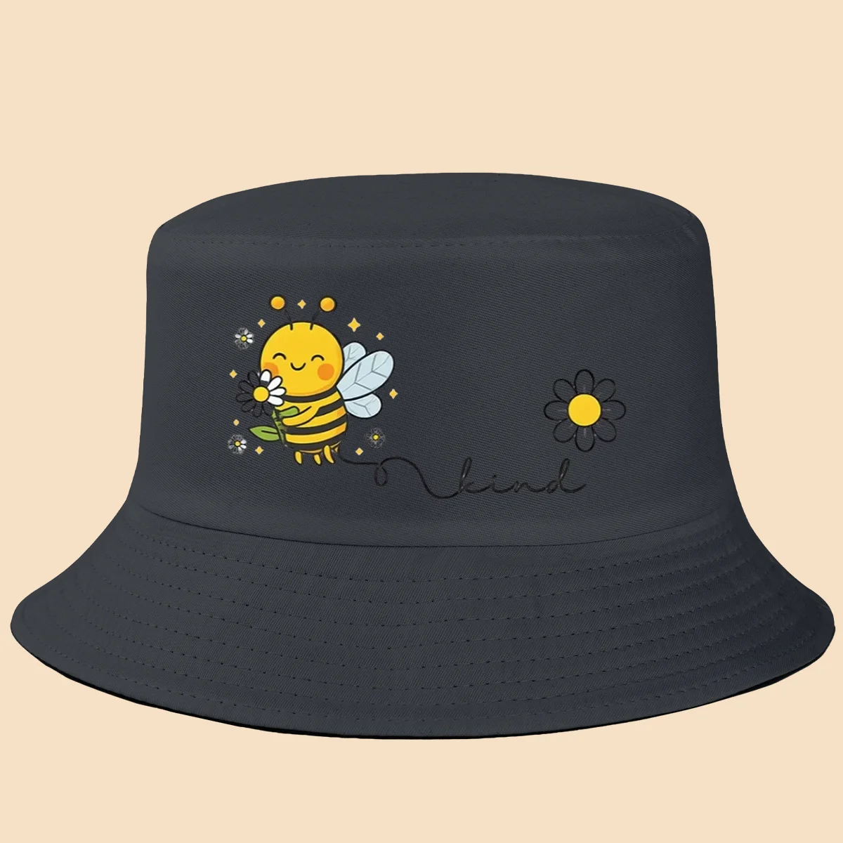 Bee-Themed Bucket Hat with Glitter Bee Wings & Daisy Flower - Retro Black Suitable for Daily Outfits, Parties,, Picnics - Ma
