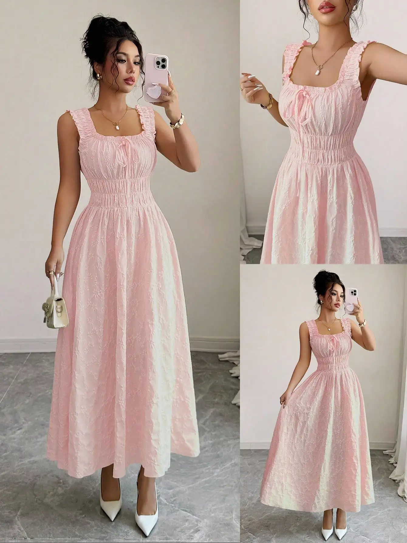 

Floral Textured A-Line Dress With Ruffled Square Neck, Smocked Waist, Bow Tie And Flared Skirt