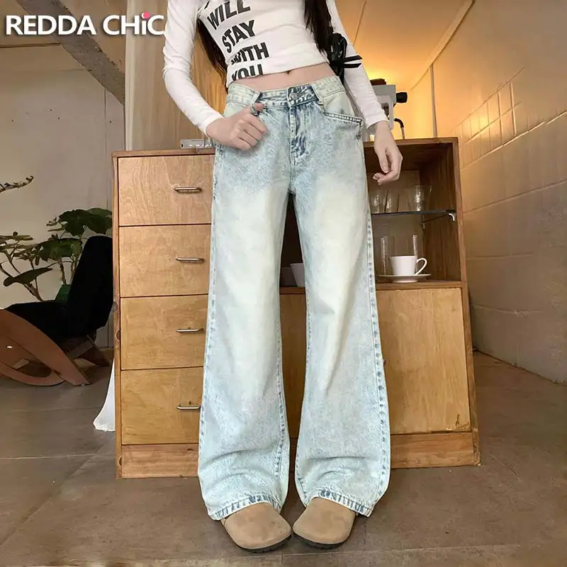 ReddaChic Women Deconstructed Pocket Straight Jeans Versatile Light Wash Do Old Loose Fit Baggy Denim Pants Lounge Streetwear