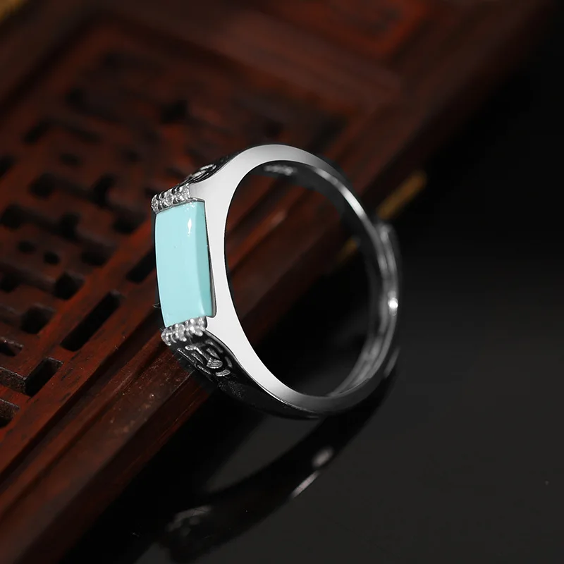 

Ethnic Style Turquoise Female Rectangular Geometric S925 Silver Inlaid Thai Silver Open Ring Flat Design