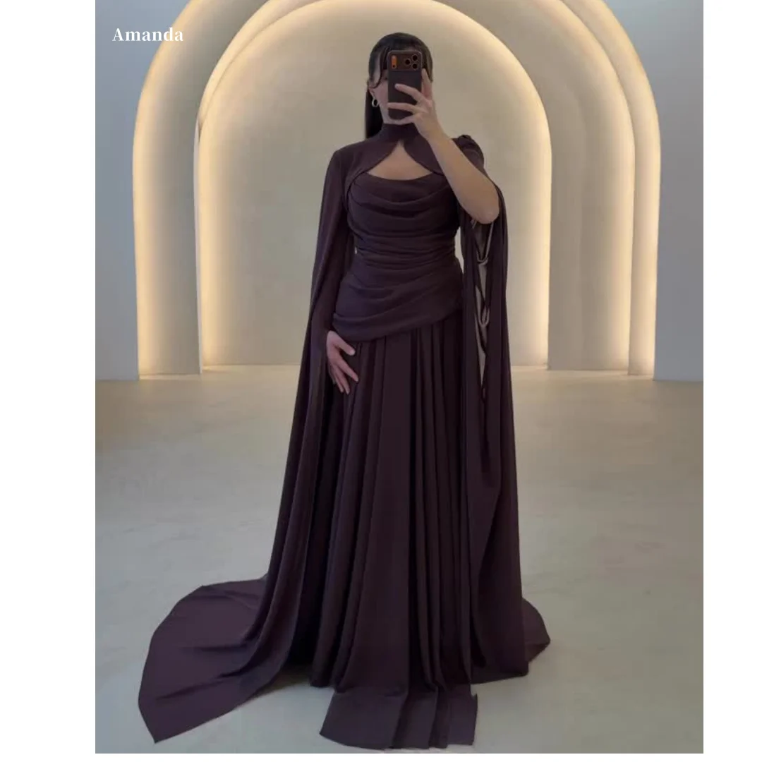 

Amanda Customized Dark Brown High Neck Cape Sleeve Prom Dress Elegant Keyhole Draped Pleated Maxi Formal Evening Party Gala 2026