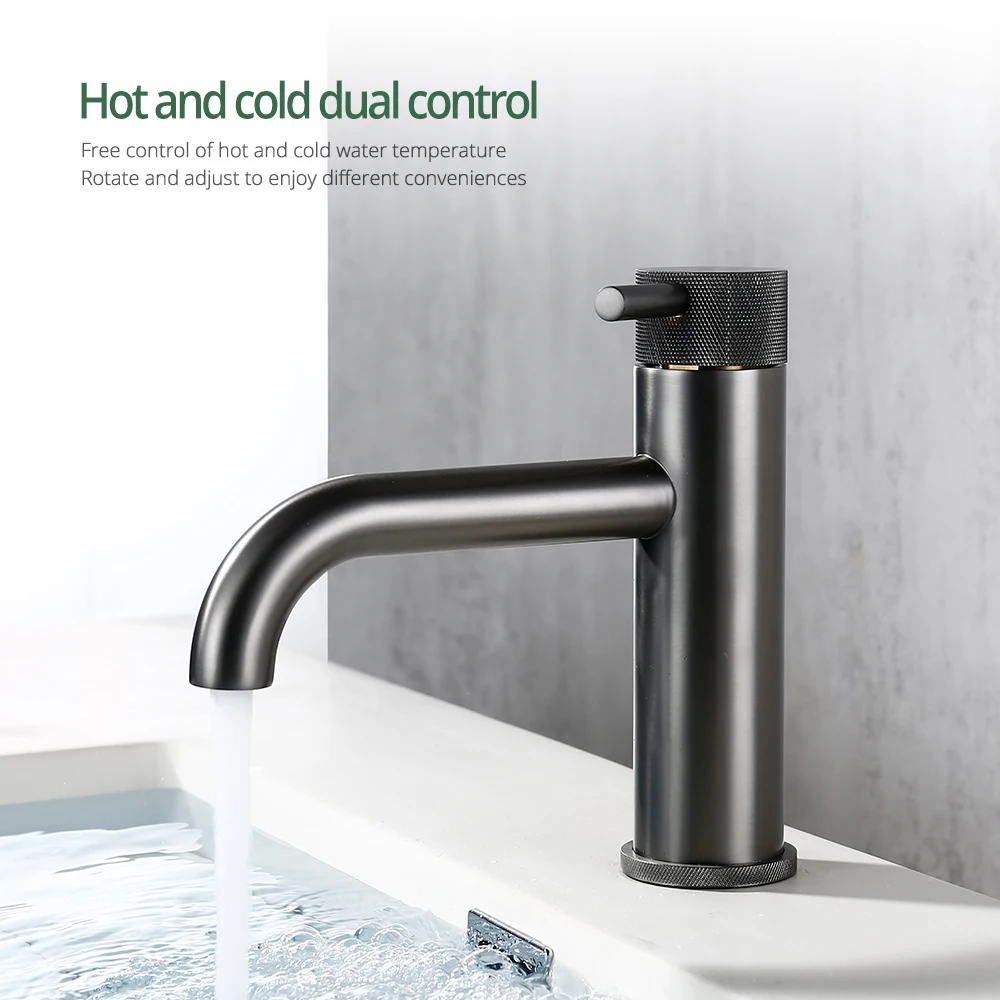 Knurled Basin Mixer Deck Mounted Bathroom Faucet Hot And Cold Sink Tap Single Handle Single Hold Style Brass Round Wash Faucet