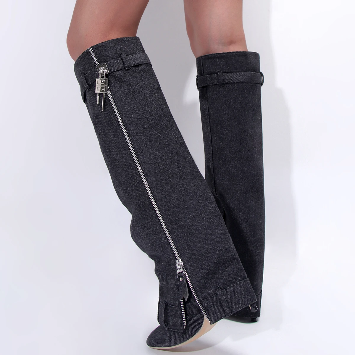 2023 Black Denim Women Knee High Boots Trouser Boots Fashion Pointed Toe High Heel Cowboy Boots Big Size Female Shoes