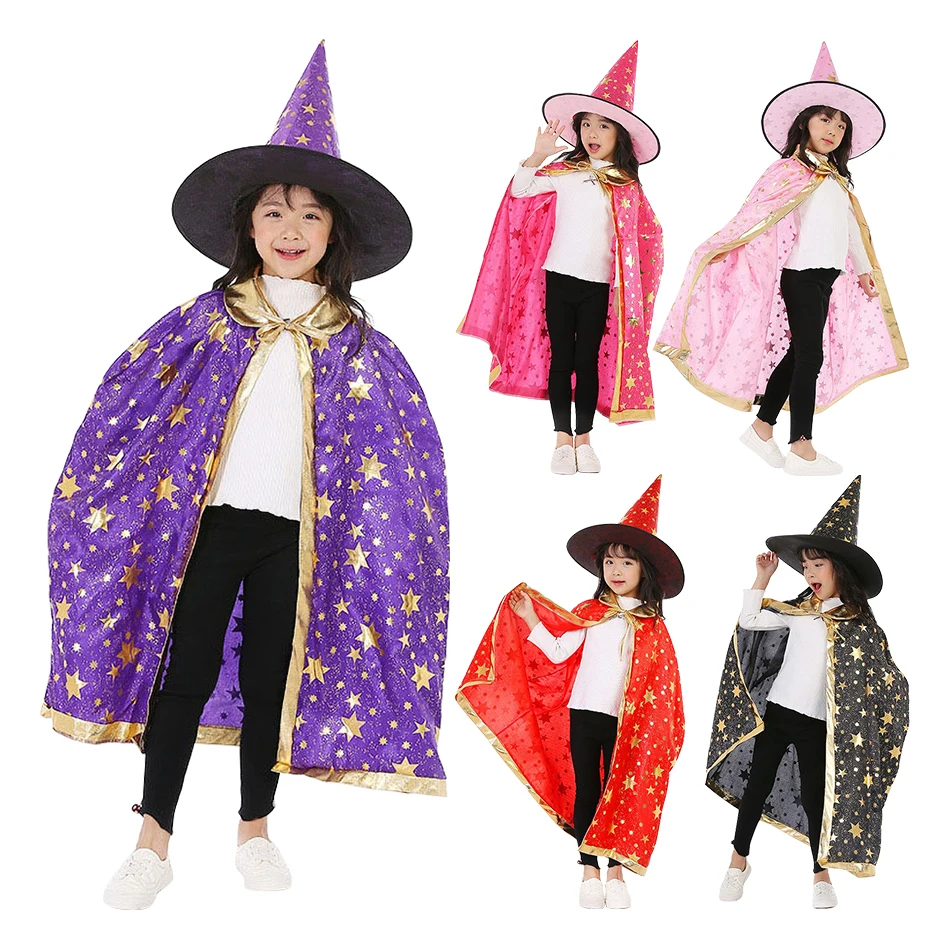 2 قطعة الساحرة تأثيري كيب قبعة مجموعات الاطفال الساحر عباءة هالوين ازياء الفتيات عيد الميلاد كرنفال حفلة عيد ميلاد أداء الملابس