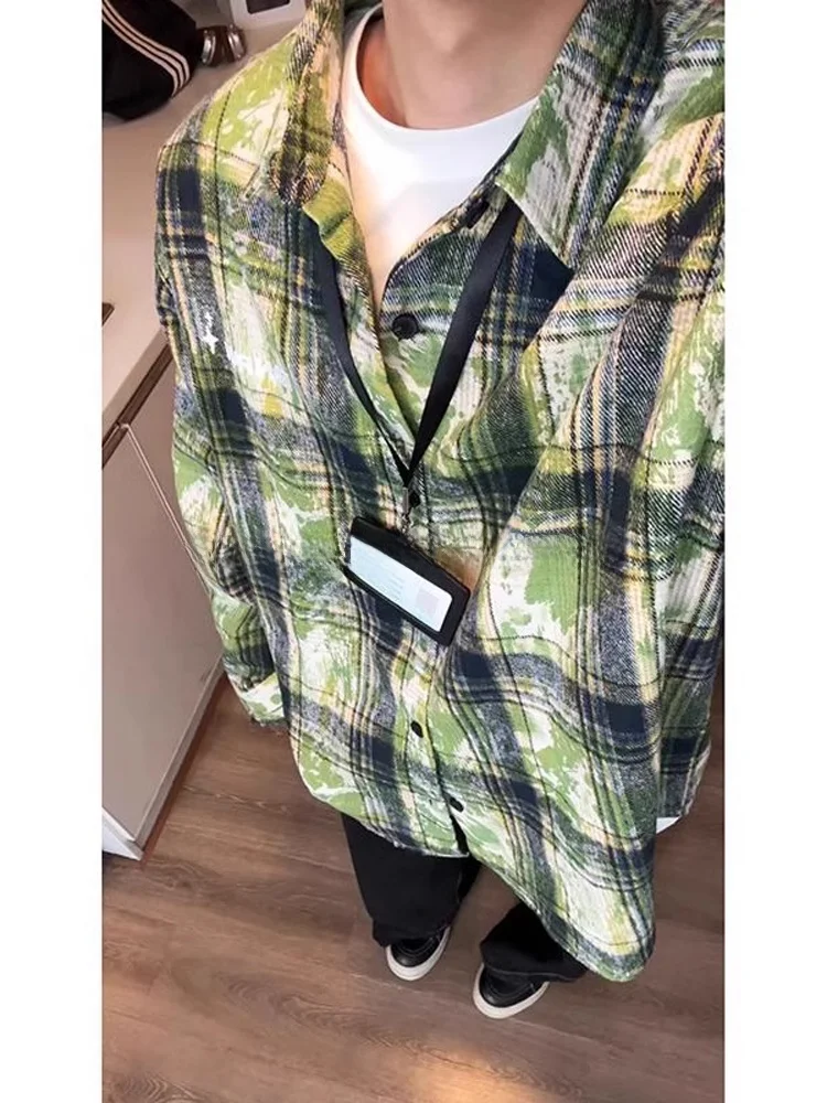 

Cleanfit Retro Tie Dye Plaid Men's Long Sve irt Spring American Cool Outerwear Layering irt Collar Youth Faion