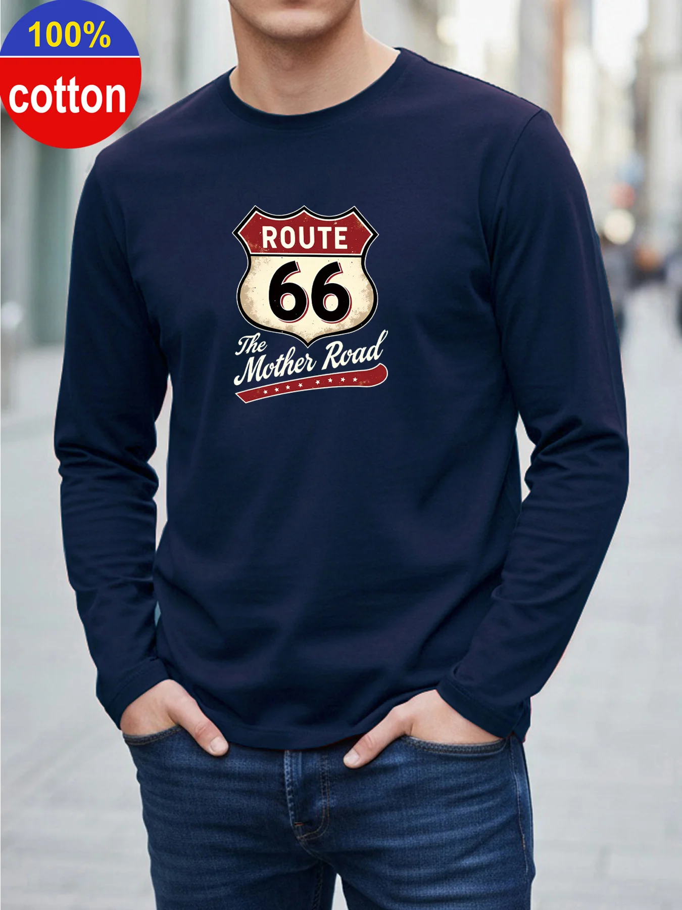 Men's 100% pure cotton loose fit comfortable sports and leisure creative line pattern printed round neck long sleeved T-shirt
