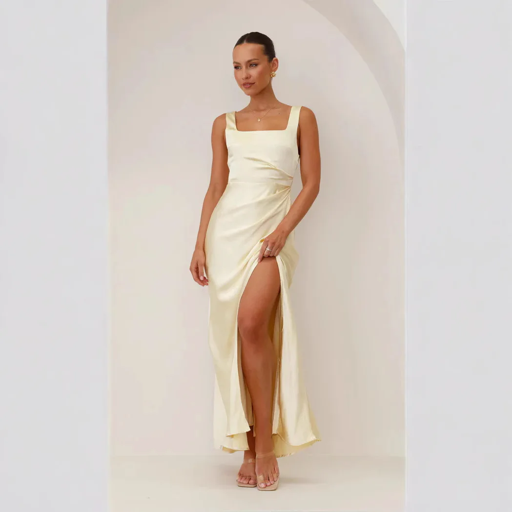 Sexy Color puro satén cintura alta Bal Dr mujer Faion cintura alta Svel vestido europeo Sle Casual cremallera