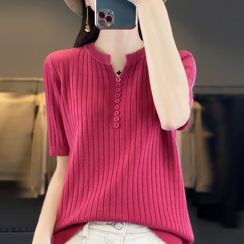 Donna New Wool Blend t-Shirt maglione con scollo a v manica corta Pullover primavera estate Bottoming con bottoni camicia Casual Knit Top