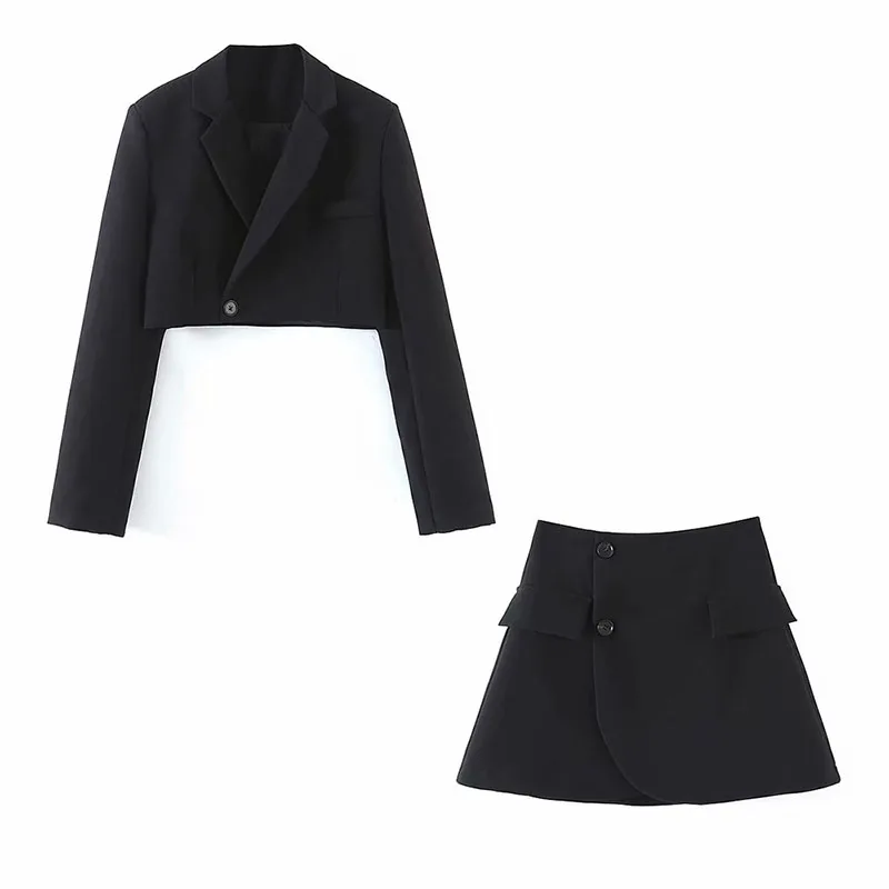 Women\'s Blazer Suits Lapel V-neck Long Sleeve Short Top+High Waist Pocket Mini Skirt Solid Color Elegant Sexy OL Style Fashion