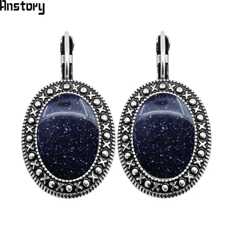 Oval Sequins Golden Stone Earrings For Women Antique Silver Plated Fashion Hook Earring