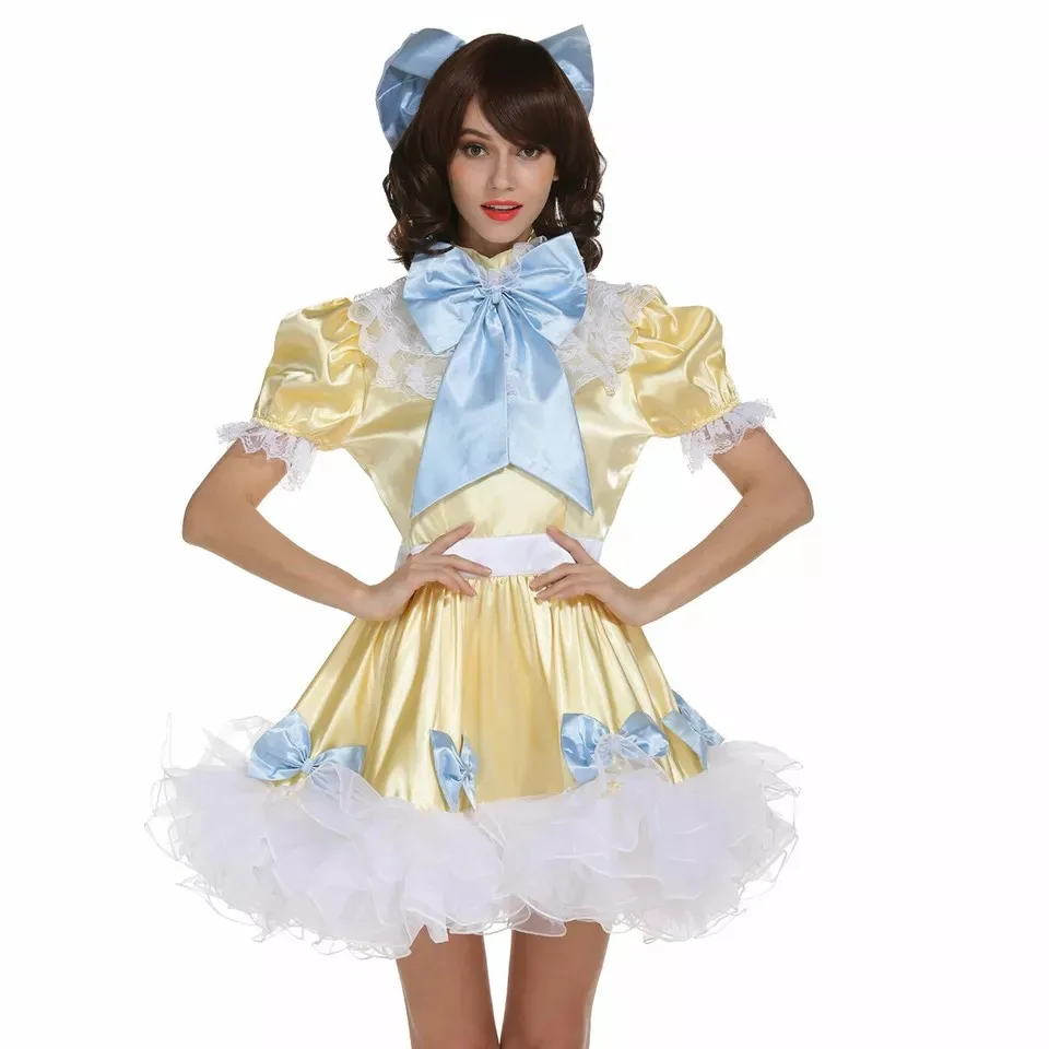 

Sissy yellow maid sexy cosplay dress satin fluffy lace lace lace bow lockable Halloween costume customized