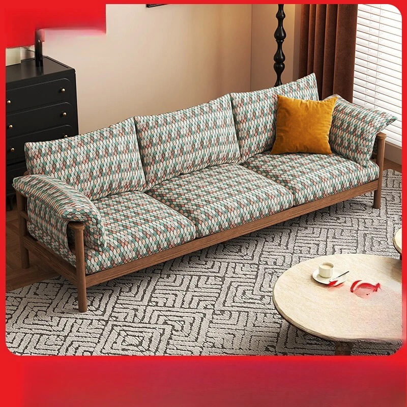 

American retro fabric sofa living room solid wood small apartment straight three-person light luxury French color plaid sofa