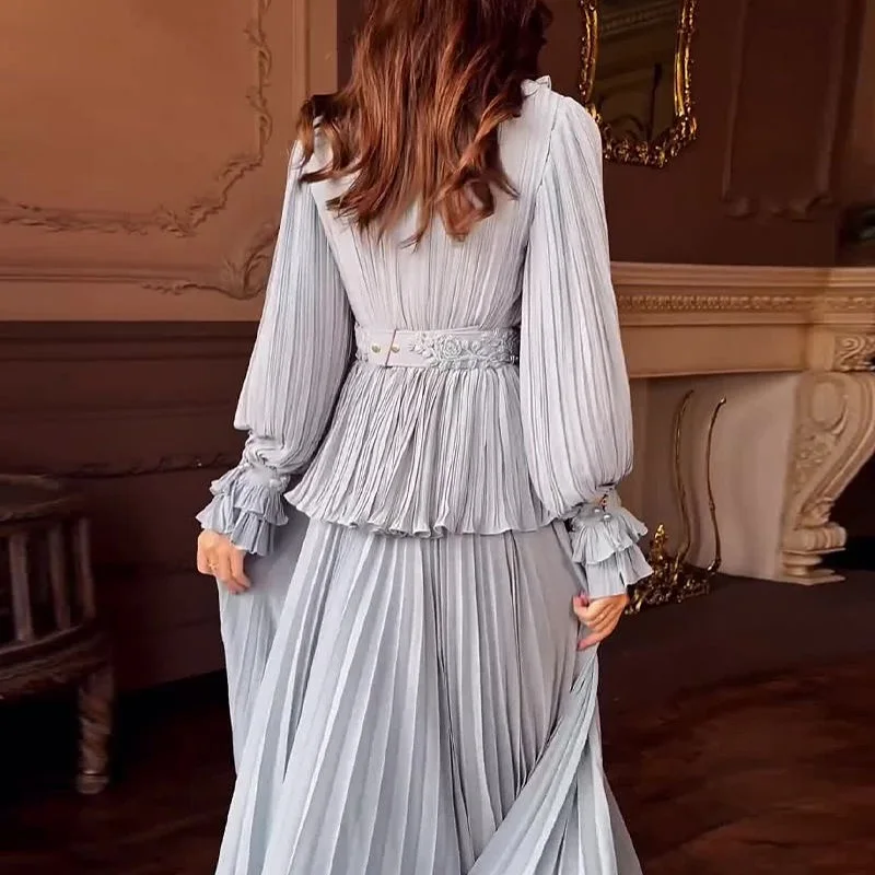 맞춤형 우아한 쉬폰 a 라인 프릴 진주 단추 아플리케 이브닝 드레스 고품질 긴 소매 연예인 가운