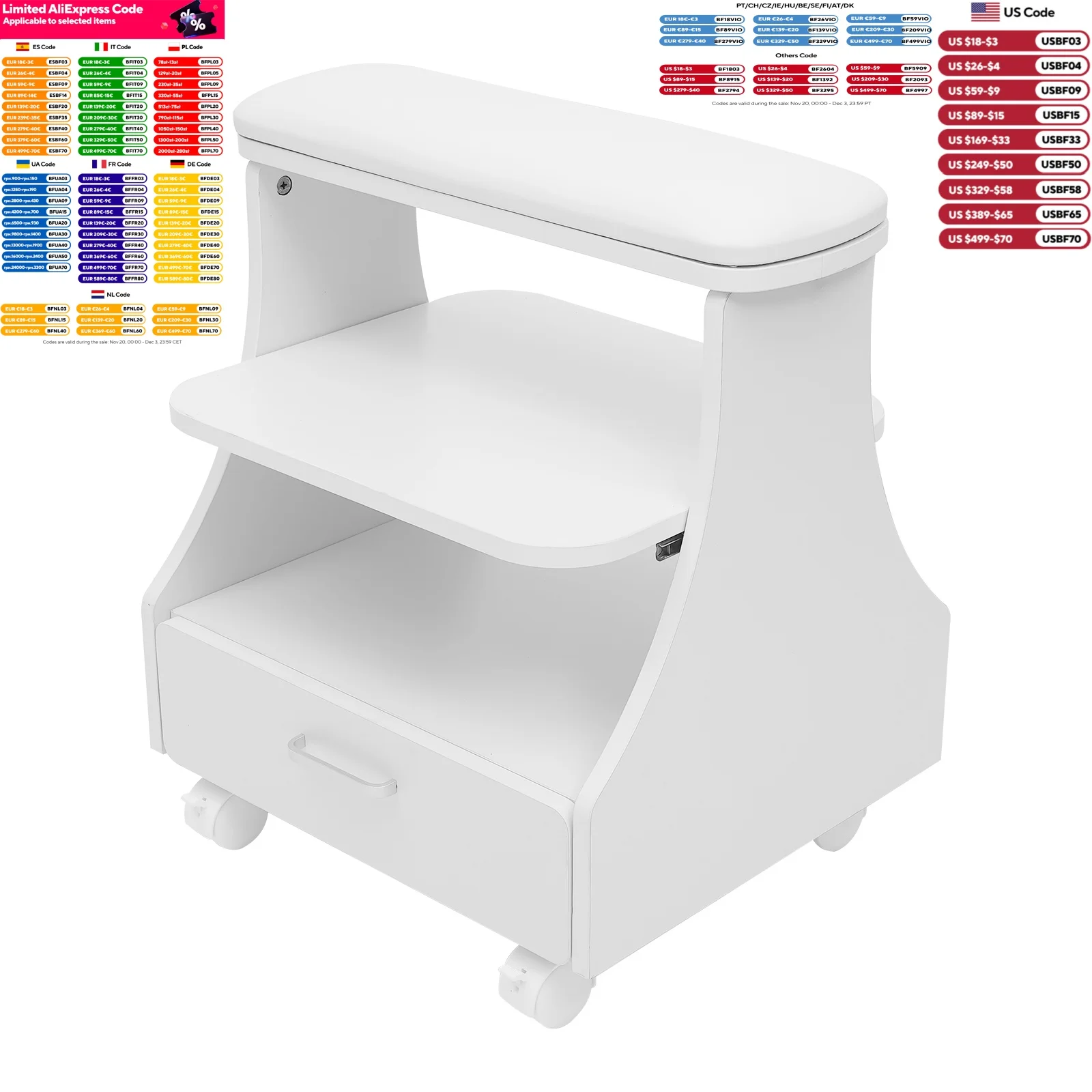 3 طبقات مسند القدمين مانيكير البراز باديكير عربة حمام القدم عربة مع 4 عجلات لمتاجر صالون التجميل 50 كجم أبيض/أسود/وردي