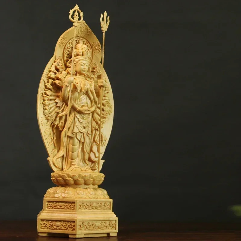 Feng Shui Buddha Carving Boxwood Thousand-Hand Guanyin Sculpture Home Decor