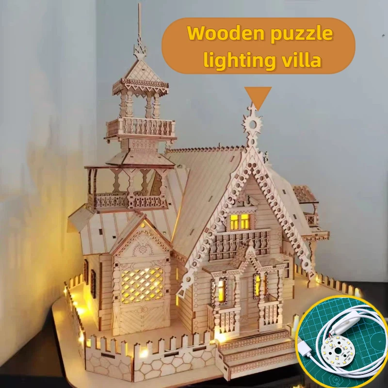 3D Stereo Wooden Light Villa Castle Puzzle Toy Creative Kid Adult DIY Wooden House New Year Gifts Home Desktop Decoration