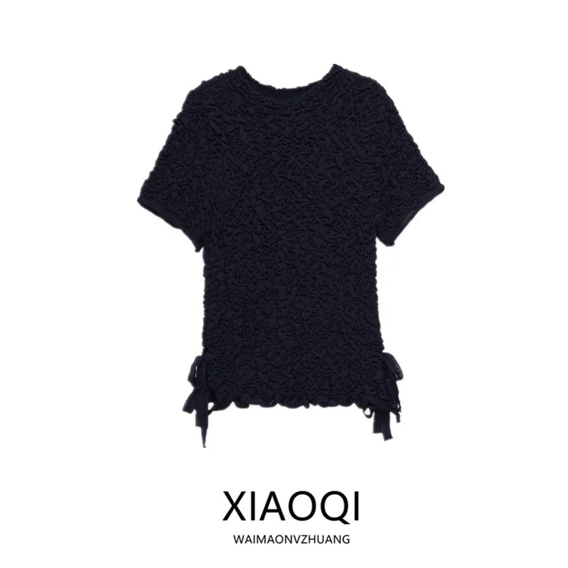 

Женский вязаный топ с коротким рукавом и круглым вырезом, с узлом, новая осенняя мода 2025, приталенный крой, дизайн с круглым вырезом