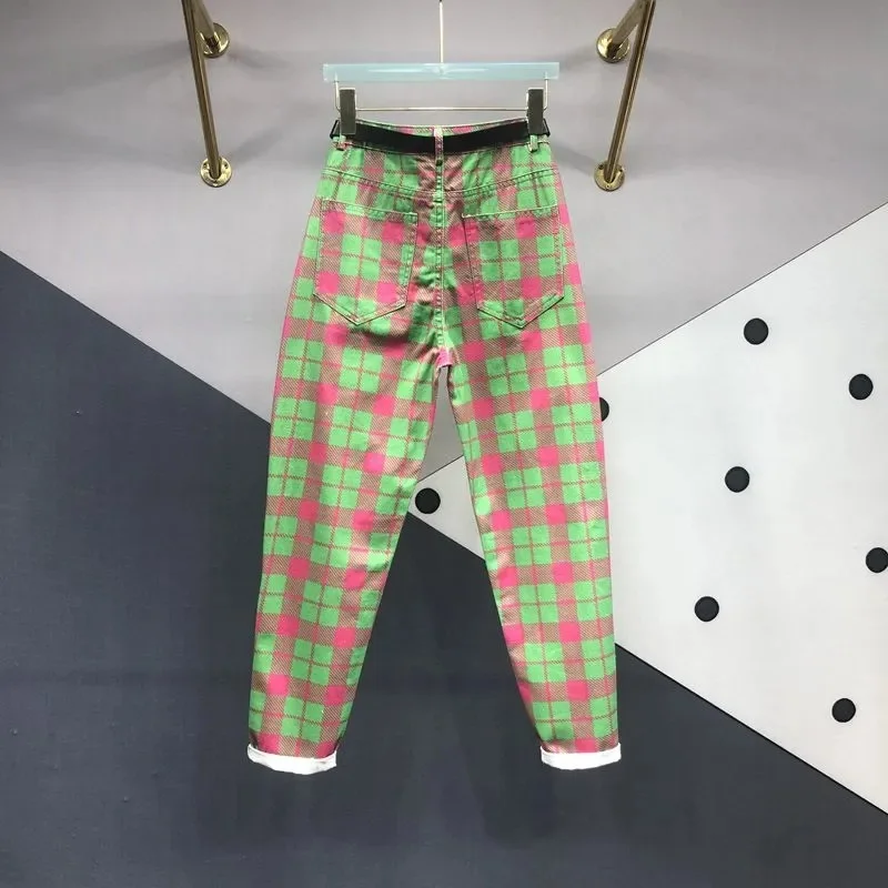 Square Joker High Waist Slim Radish Harem Pants 2024 Spring And Autumn New Green Irregular Printing And Dyeing Jeans Women