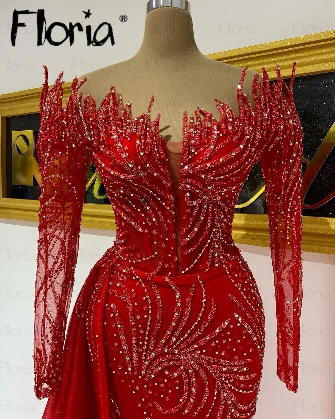 Vestidos De Noche Red Dubai Women Engagement Dress With Overskirt Beading Long Sleeve 5D Customized Design Formal Prom Dresses