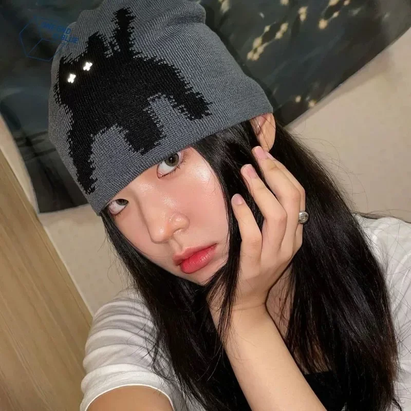 Korean Simple Cat Jacquard Knitted Beanies Cap Autumn Winter Warm Casual Versatile Retro Pullover Cold Hats for Men and Women