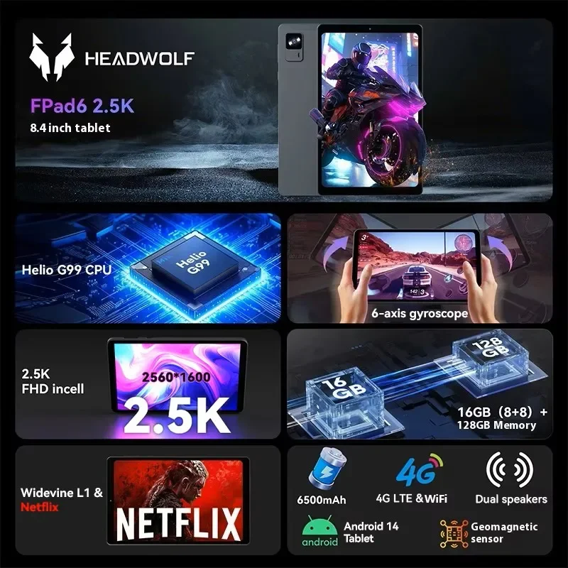 Headwolf FPad6 Android 14 Tablet G99 8-inch 2.5K IPS 16GB+128GB 6500mAh BT5.2 Widevine L1 GMS OTG Android Tablet