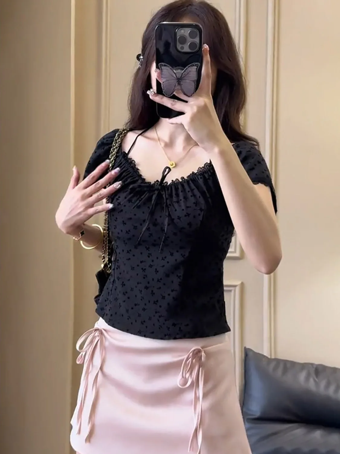 Sweet And Spicy Girl Black Lace Trim Short Sleeve Shirt And Half Skirt Two Piece Set Women's Summer Fashion Ensemble