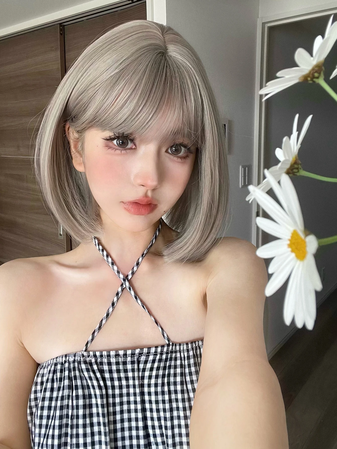 12Inch Gridelin Color Synthetic Lolita Wig With Bang Medium Natural Straight Hair Wig for Women Daily Cosplay Heat Resistant