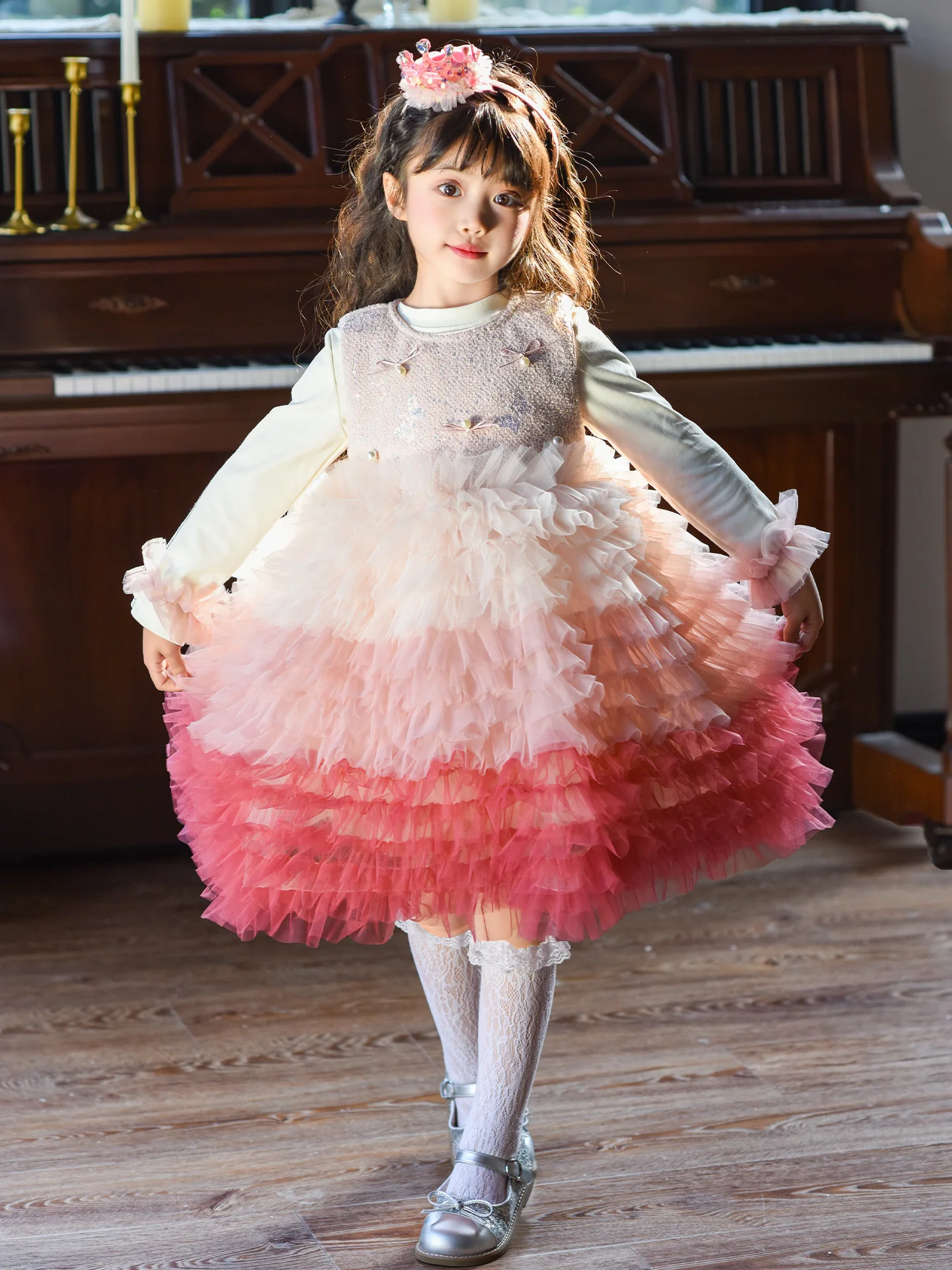 

Girls adient Color Vest Skirt Puffy Tulle Dr Spring Autumn Princ Sle Long Sve Warm Loose Fit Daily Wear