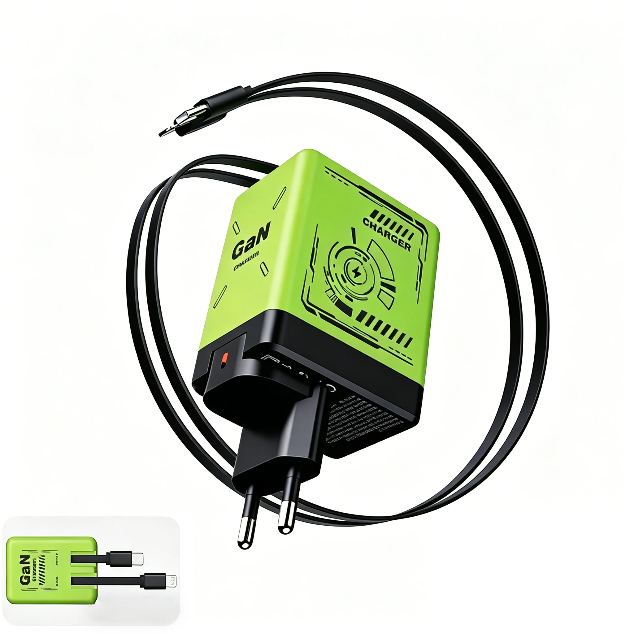 GaN Schnellladegerät, 80cm einziehbares Doppelkabel Lightning & Type-C, Mehrfach-Ladestation für Smartphone, Earbuds und Laptop