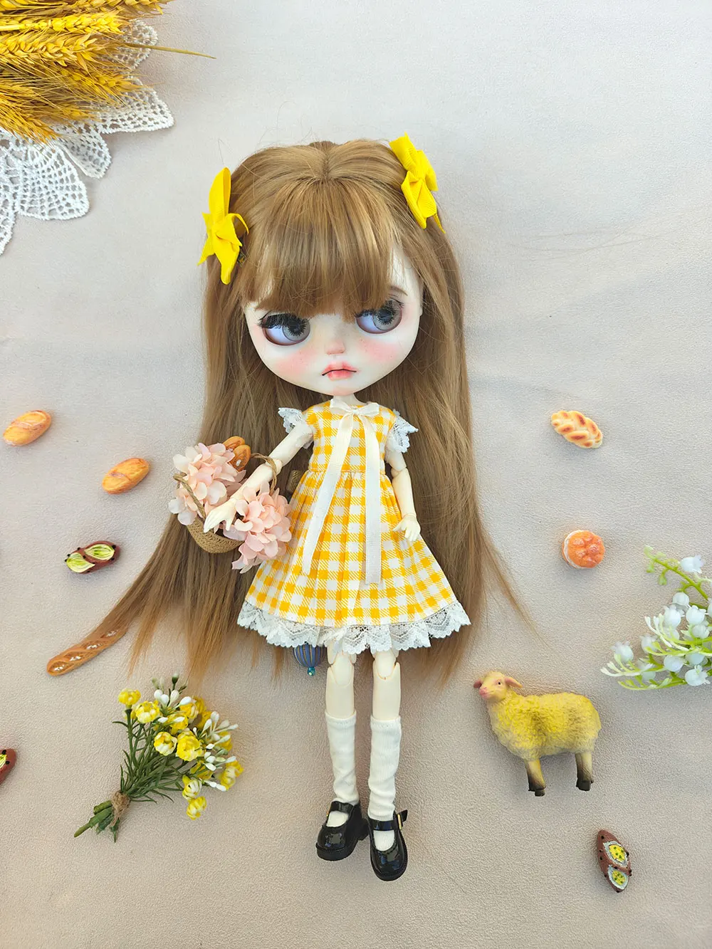 NEW Blythe Doll Clothes  blythe clothing  Classic  Lemon yellow plaid dress Handmade OB22 OB24 AZONE Accessories blythe clothes