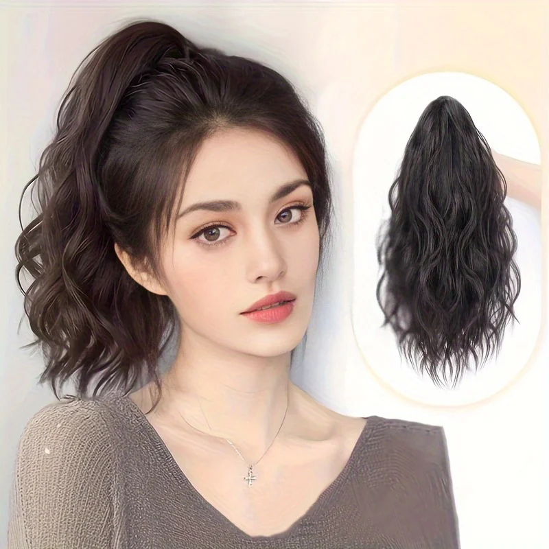 10-inch synthetic wave clip ponytail wig women's ponytail extension fake ponytail natural black heat-resistant
