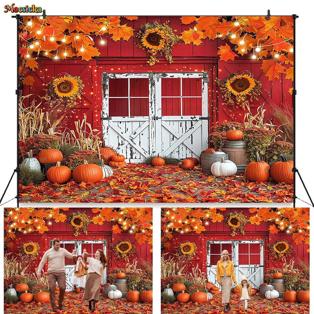 

Autumn Red Barn Background Photography Maple Leaves Sunflower Pumpkin White Rustic Wooden Door Backdrop Kid Family Photo Studio