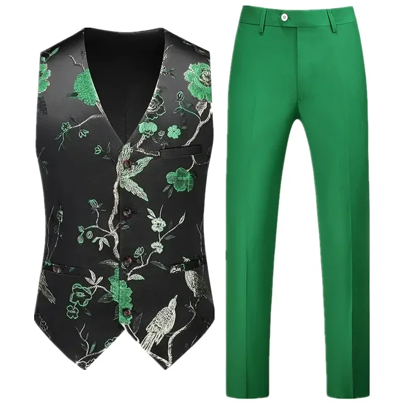 

New Men's Vest and Pants Two Piece Set, Green Black and White Men's Vest with Pants Wedding Party Suit, Asian Size M-6XL