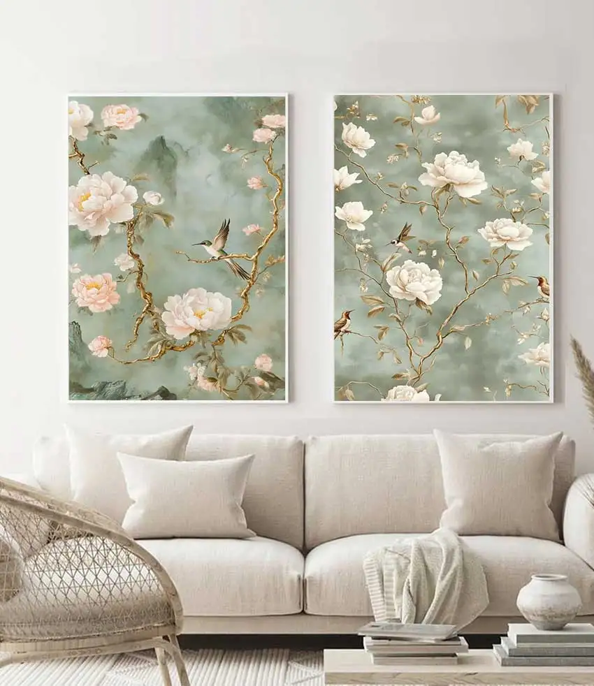 hinese Style Peony and Hummingbird Canvas Wall Art - Exquisite Floral Print - Elegant Home Decor - Ideal Housewarming Gift