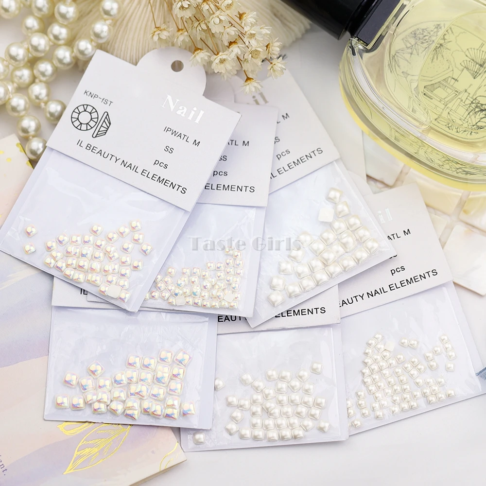 30-50PCS/Pack White AB Square Pearls Flatback 3mm 4mm 5mm Nail Art Jewelry Rhinestones Decorations Manicure Accessories Charms