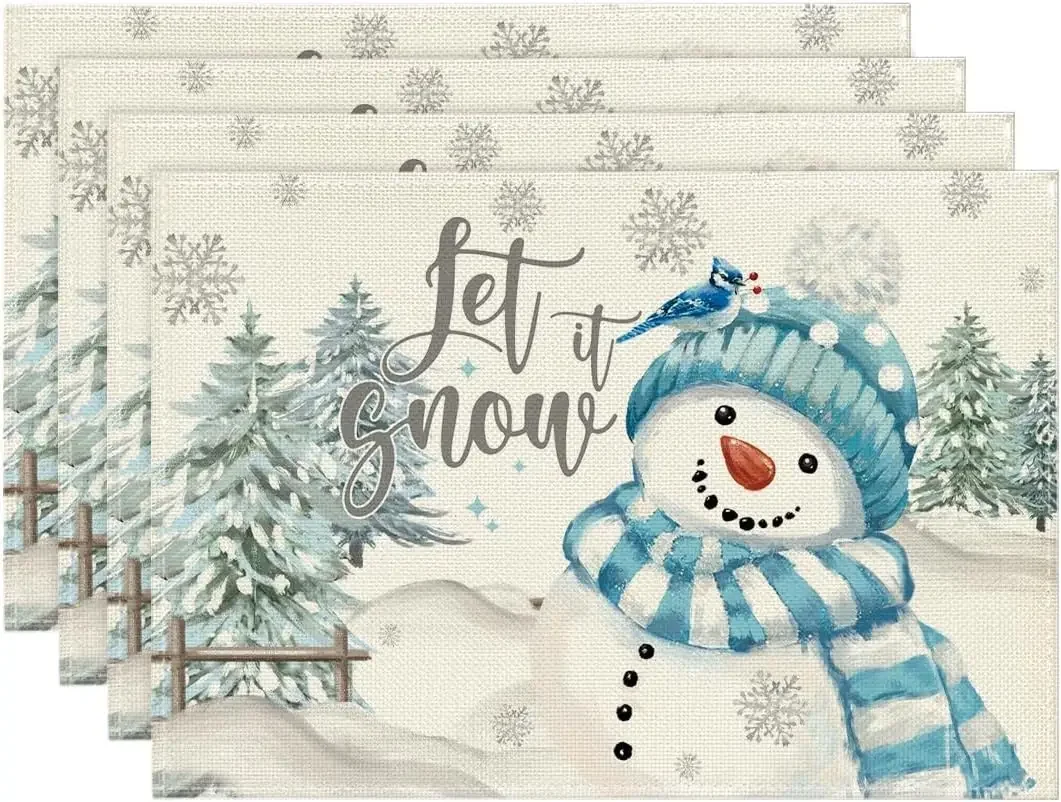 Xmas Trees Let It Snow Blue Snowman Christmas Placemats Set of 4,  Winter Table Mats for Party Kitchen Dining Decoration