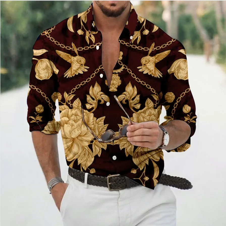 New Luxury Style Print Men's Turn-down Collar Button Shirt Casual Long Sleeve Shirt Fashion Streetwear Trend Tops Men Clothing